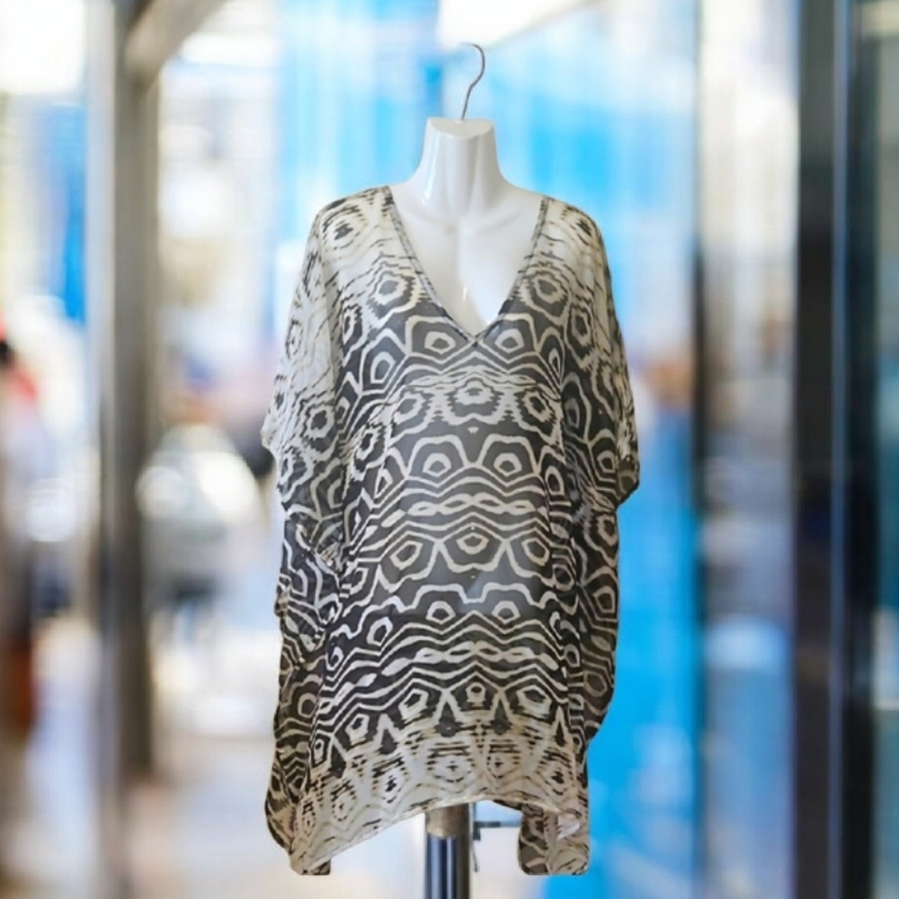 Brown and Bone  Geometric Kaftan Beach Cover Up Sheer OS By ECHO